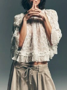 Women Lace 3/4 Sleeve Mesh Top Y2k Floral Embroidery Round Neck Solid Color Ruffled Sheer Blouse See Through Flowy Poncho Tops Oversized Mesh Poncho Blouses Beach Cover Up Cropped T Shirts Tops Coquette Clothes Vacation Streetwear - 白色 - 查看 1