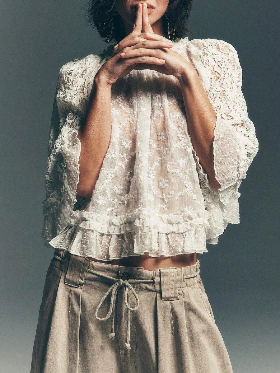 Women Lace 3/4 Sleeve Mesh Top Y2k Floral Embroidery Round Neck Solid Color Ruffled Sheer Blouse See Through Flowy Poncho Tops Oversized Mesh Poncho Blouses Beach Cover Up Cropped T Shirts Tops Coquette Clothes Vacation Streetwear - 白色 - 查看 1