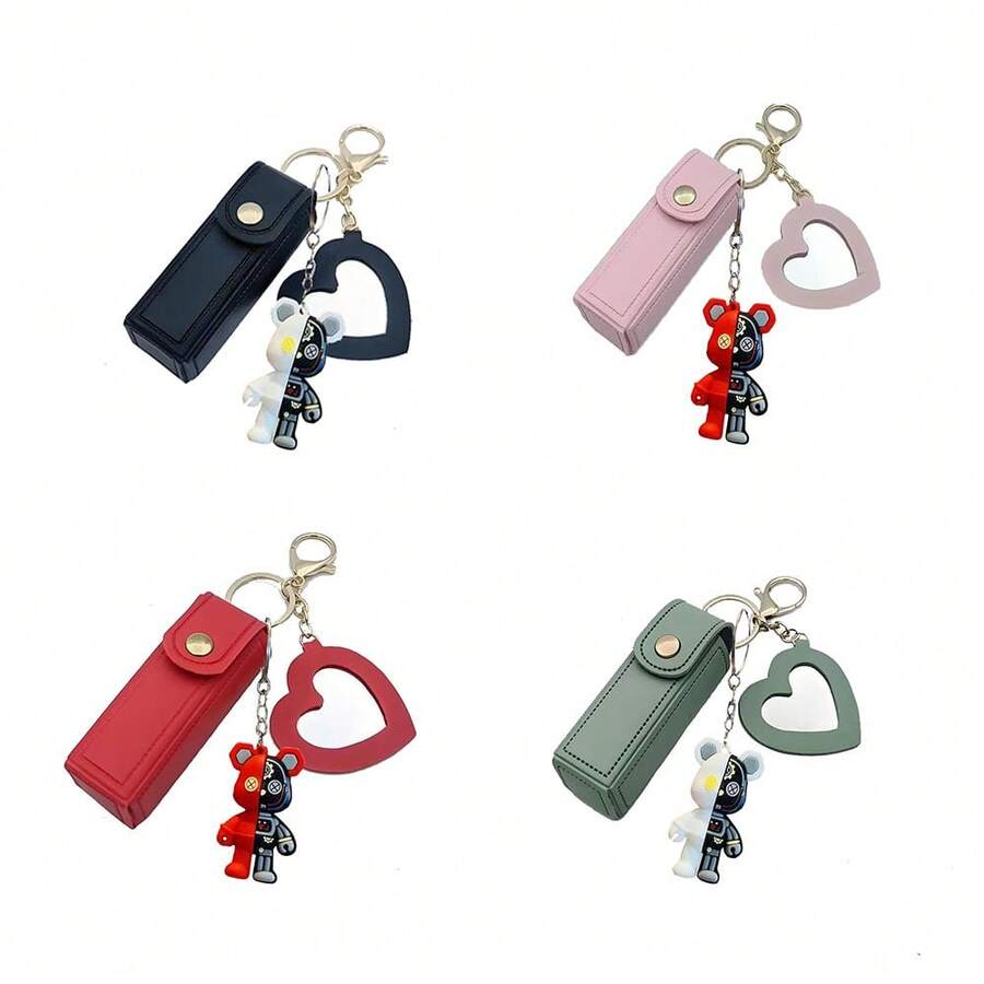 Lipstick Lipstick Leather Cover Love Mirror Cute Cartoon Bear Key Ring, Portable Compact Lipstick Case With Built-In Vanity Mirror, Adorable Bear Charm Keychain For Purse Backpack And Wrist, Pocket-Sized Cosmetic Organizer For Touch-Ups, Girly Kawaii Accessory, Everyday Travel Makeup Essential, Cute Gift Idea For Her, Holiday Stocking Stuffer For Halloween Autumn Parties Thanksgiving Christmas Winter Celebrations, Bridesmaid Party Favor, Cute Phone Bag Charm Accessory - Multicolor - View 1