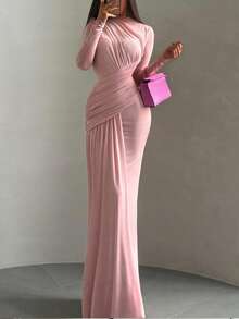 Đầm maxi ôm sát màu hồng thanh lịch, chi tiết bèo nhún, tay dài, cổ tròn, phong cách vintage thường ngày, thích hợp cho các buổi tiệc mùa xuân. - Màu Hồng baby - Xem 5