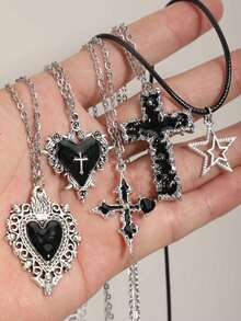 Bộ 5 chiếc/Bộ dây chuyền mặt hình thánh giá phong cách Gothic cổ điển, hoa hồng gai, thánh giá tan chảy, ngôi sao dành cho nữ - Bạc - Xem 1
