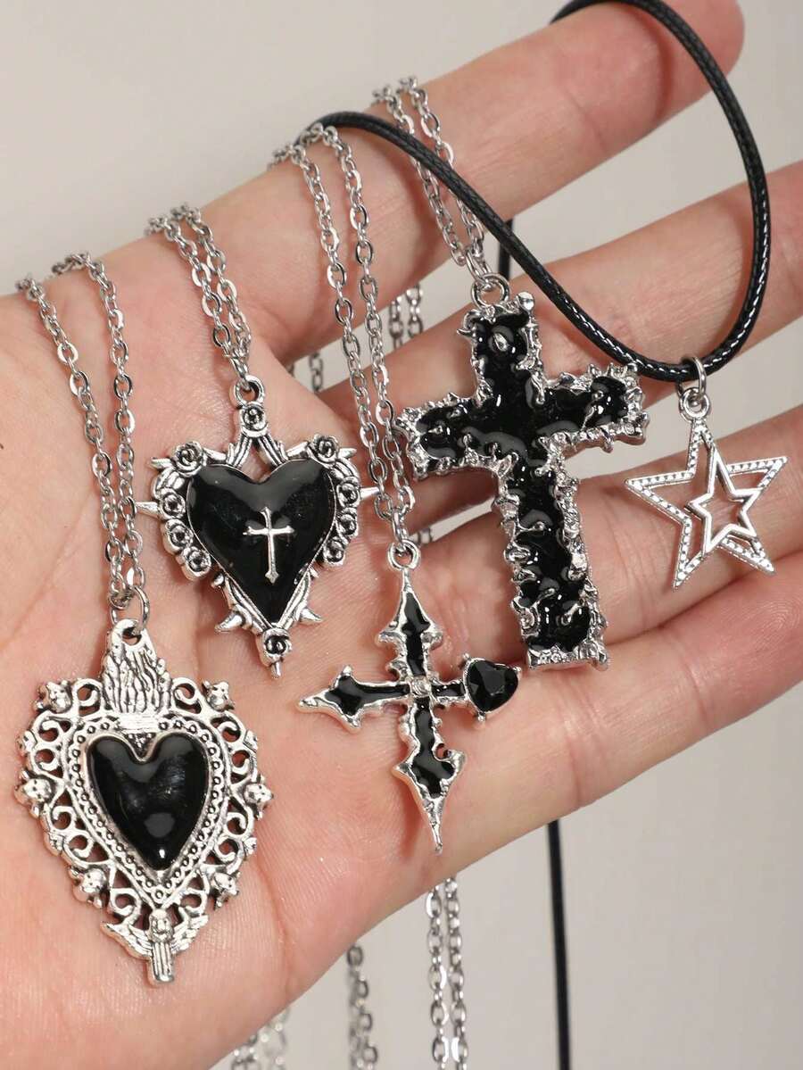 Bộ 5 chiếc/Bộ dây chuyền mặt hình thánh giá phong cách Gothic cổ điển, hoa hồng gai, thánh giá tan chảy, ngôi sao dành cho nữ - Bạc - Xem 1