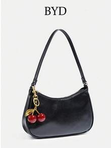 Women's Fall Outfits, Floral Patterned Fabric, Cute Pendant Decor, Cherry Pendant, Women's Minimalist One Shoulder Bag, Zipper Closure, Retro Style, Underarm Bag, Suitable For Multiple Occasions Glossy Leather,Shoulder Bags For Women,Handbags For Women,Cherry Keychain,Bag Charms,Black Purse,Carteras Para Mujer,Purses And Bags Women,Bolsos Para Mujer, Valentine's Day,Valentines,Carteras Para Mujer,New Year,    [Cherry Accessory Included Randomly] Please Do Not Purchase If You Mind.,Valentine's Day,New Year - 黑色 - 查看 2