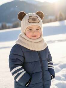 1pc Toddler Boys' Bear Ear Hooded Hat, Thermal Lined, Baby Hat With Scarf, Balaclava, Knitted Beanie, Warm Cap - 1PC Kapibala Series - View 3