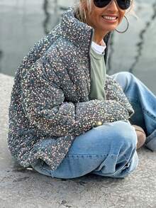 大码女式亮片休闲拉链夹棉大衣，日常穿着，秋冬