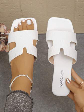 Women's Fashion Slip-On Sandals, White Versatile Flat Beach Shoes For Indoor/Outdoor, Summer Vacation