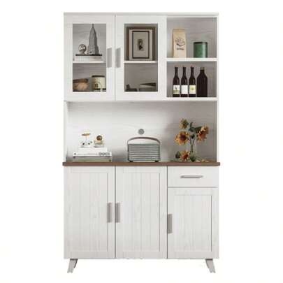 Sideboard, White Wooden Tall Cabinet 114 X 40 X 190 Cm, Designed For Living Room And Dining Room
