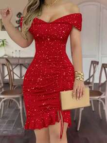 Elegant Off Shoulder V-Neck Sexy Black Pleated Ruffle Hem Glitter Party Cocktail Dress For Women Summer Vacation - Red - View 6