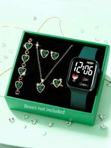 Set de 6 piezas de reloj digital con forma de corazón LED, estilo lindo y casual, con correa de silicona, equipado con pulsera de joyería, collar, anillo, juego de aretes, adecuado para regalo, escuela, ceremonia de graduación y otras ocasiones, ideal para estudiantes, perfecto para la vida diaria como volver a la escuela, fiestas y viajes, regalos de cumpleaños, temporada de graduación, regalo perfecto para niñas - Multicolor - Ver 19
