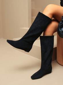 秋冬新款加大码女式麂皮纯色时尚过膝平底靴，多功能套穿式内增高舒适靴，适合各种场合，黑色靴子适合春季节日 - 黑色 - 查看 4