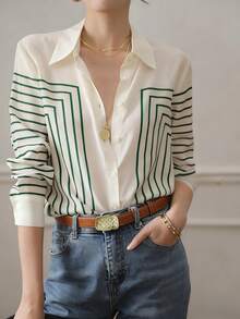 YUXIN 女士春秋季几何条纹真丝衬衫，长袖修身翻领，透气时尚，适合办公室/轻度社交场合 - 綠色 - 查看 3