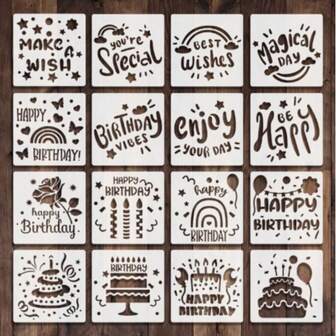 16 Styles DIY Birthday Card Making Kit, 6 Inch Painting Template, Greeting Words, Rose Flower Hollow Stamp
