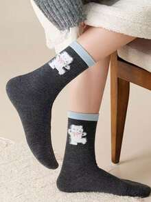 5 Pairs Korean Style Cute Bow Accent Warm Crew Socks, Blue & Gray Tones, Autumn/Winter