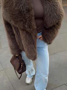 SHIBASHAN 女士冬季时尚仿皮草夹克带口袋长袖翻领毛绒外套时尚厚实保暖外套 - 深棕色 - 查看 3