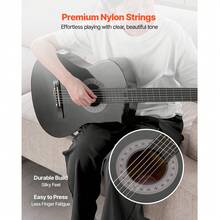 Classical Guitar, 38 Inch, Wood Classical Guitar Starter Kit For Beginners, With Nylon Strings, Gig Bag, Strap, Tuner, Extra Strings, Picks, Capo, Basswood, For Teenagers Adults Students, Black - 38-inch Black - 查看 3
