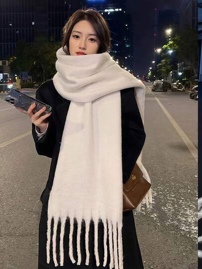 1pc Women's New Solid Color Fluffy Tassel Scarf, Warm And Comfortable Large Shawl, Simple And Versatile For Daily Wear