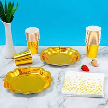 1 Set Gold Square Disposable Plates, Napkins And Cups, Serves 8 Guests, Suitable For Birthday, Wedding, Party, Family Picnic - Multicolor - View 4