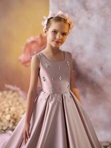 Tween Girl Pink Beaded Bow Trailing Long Dress, Elegant Party Gown, Princess Dress Suitable For Girls Birthday Party, Banquet, Prom, Wedding Bridesmaid, Flower Girl, Holiday Celebration - Pink - View 4