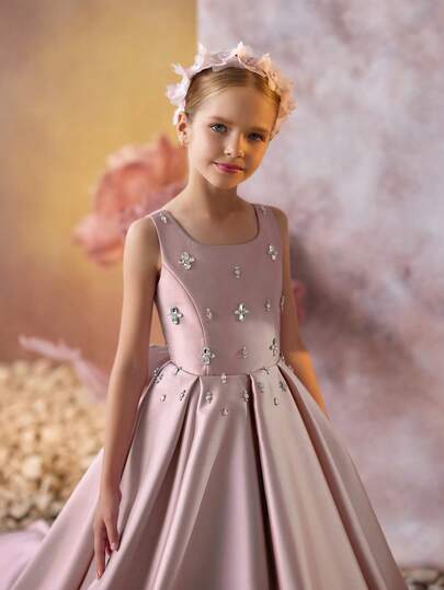 Tween Girl Pink Beaded Bow Trailing Long Dress, Elegant Party Gown, Princess Dress Suitable For Girls Birthday Party, Banquet, Prom, Wedding Bridesmaid, Flower Girl, Holiday Celebration