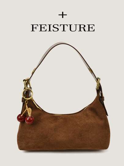 1pc Faux Suede Fabric Women's Wide Strap Underarm Baguette Bag, Fashion Shoulder Bag With Pendant, Suitable For Daily Outing, Dating, Commuting