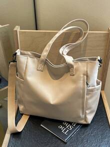 Simple Multi-Pocket Large Capacity Casual Tote Bag For Women, Commuter Friendly, Versatile, Lightweight Foldable With Zipper Closure, Suitable For Daily Use, Work, School, College Style, Tote Bags For Students, Multiple Compartments, Perfect For Beach, School, Work & Daily Use - Beige - View 9