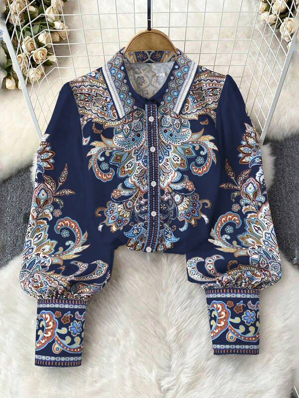 Damska sukienka wakacyjna w stylu boho z kołnierzykiem koszulowym i nadrukiem, elegancka odzież damska, odzież festiwalowa, bluzka z długim rękawem i kołnierzykiem typu "turndown"