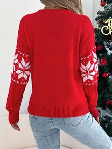 Women's Christmas Snowflake & Striped Colorblock Crew Neck Long Sleeve Sweater, Autumn/Winter - Red - View 2