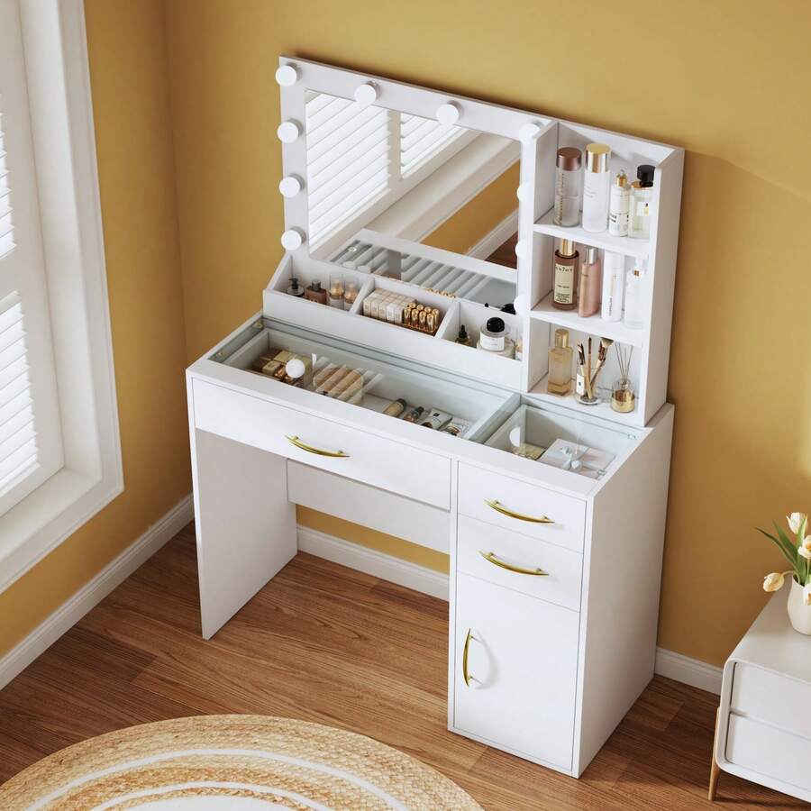 35.4" Makeup Vanity Desk With Mirror And Lights, Holiday Gifts,Glass Top Vanity Table With 3 Drawers & Large Storage Cabinet ,USB Power 3 Adjustable Lighting Modes For Bedroom Woman - 白色 - 查看 1