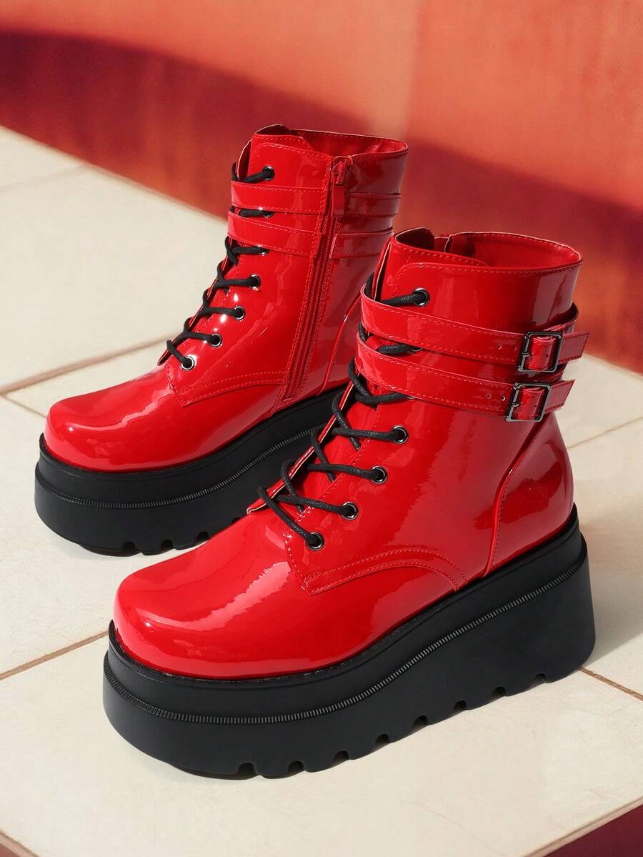 Women Platform Combat Ankle Boots Goth Chunky High Heel Lace Up Motorcycle Booties - 紅色 - 查看 1