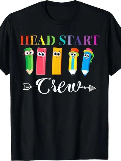 Camiseta Casual de Manga Corta para Niños con Estampado Head Start, 100% Algodón - Ropa Infantil Transpirable para Deportes al Aire Libre, Uso Diario y Estilo Urbano - Lavable a Máquina, Top Cómodo para Niños y Niñas  Moda Juvenil  Cuello Redondo y Ajuste Cómodo