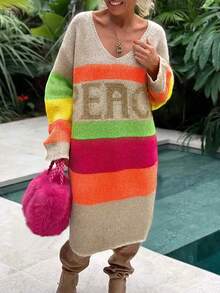 Korean Style Christmas Casual Boho Holiday Party Vintage Dress Women Old Money Style Cute Airport Streetwear Country Concert Outfit Cosplay Halloween Costume Halloween 2025 Sexy Witch Costume Going Out Fall Women Clothes Back To School Clothes Y2K Country Concert Outfit Fall Dresses For Women Winter Outfit For Women Goth Steampunk Round Neck Rainbow Striped Loose Mid-Length Knitted Dress