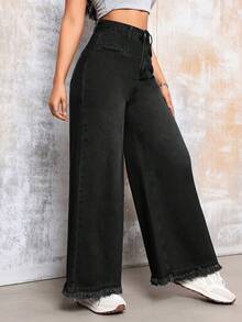 1 Peça Calça Denim Elegante de Perna Larga - Cor Sólida, Adequada para Todas as Estações, Tecido Tecido com Média Elasticidade - Detalhe de Barra Desfiada, Casual Preto Primavera Feminino - Preto - Visão 4