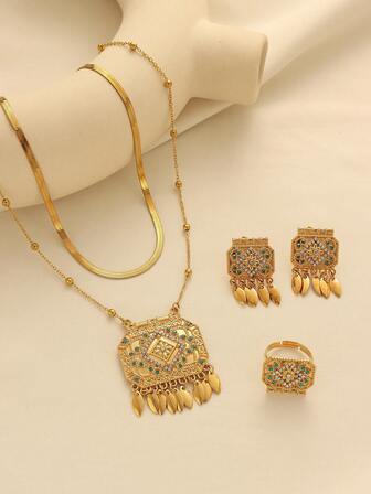 1 Set Vintage Copper Alloy Gold Plated Tassel Square Pendant Earrings Ring Necklace Jewelry Set, Suitable For Women Daily Wear And Holiday Gifts