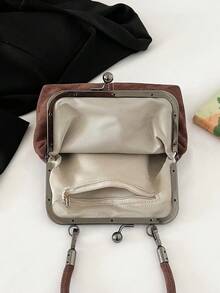 1个复古仿皮斜挎包，女士复古风吻锁迷你手提包，配有可调节肩带，纯色轻便都市手提包，涤纶衬里，男女通用 - 咖啡棕 - 查看 10