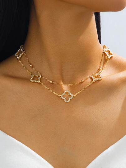 1pc Luxurious Hollow Clover Pendant Necklace For Women, Double Layer (Bead Quantity May Vary Due To Handmade Cutting, Fixed Length)