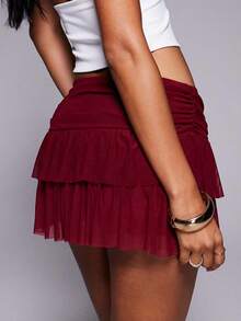 Women's Mini Skirt Mesh Sheer Flowy Hem Y2K Elastic Waist Low Rise A Line Cute Short Skirts Multi-Layer Ruffle Trim Lingerie Skirt Fashion Going Out Skirt Streetwear - 紅色 - 查看 5