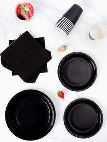 8件套黑色一次性餐盘、餐巾纸和杯子套装，8人派对用品，适合生日、婚礼、主题派对、家庭野餐等场合。 - 彩色 - 查看 5