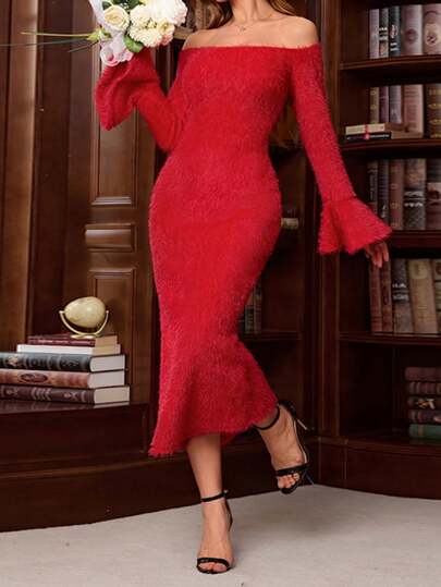 Onicee Dames Elegante Faux Fur Off Shoulder Lange Mouw Jurk, Modieus & Charmant Voor De Kerstperiode