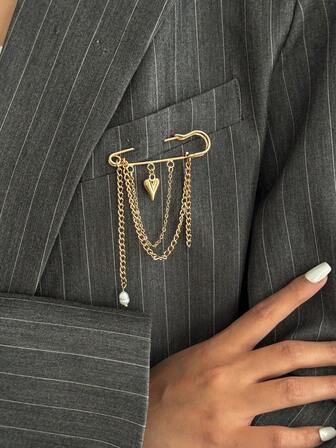 1件波西米亚几何链条仿珍珠流苏心形吊坠胸针，优雅奢华派对正式日常休闲女士假日情侣约会百搭珠宝胸针礼物