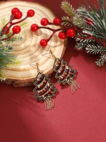1Pair Festive Golden Metal Christmas Tree Dangle Earrings With Multi-Color Rhinestone Tassels, Women's Holiday Party Jewelry - Colorful - View 2