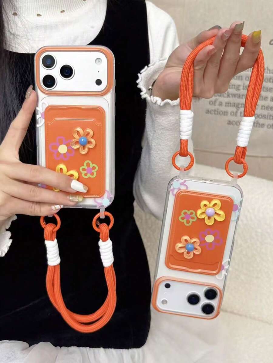 Colorful 3D Flower Lanyard Card Holder Phone Case Compatible With IPhone 16 Pro Max/ 15 Pro Max, New 11, 12, Creative 12, 11 Anti-Drop, 14 Pro/13 Protective Cover, Compatible With IPhone 17 Pro Max/17/Pro/17 Plus/17, Summer Style - Orange - View 1