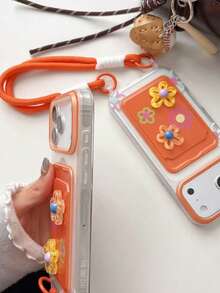 Colorful 3D Flower Lanyard Card Holder Phone Case Compatible With IPhone 16 Pro Max/ 15 Pro Max, New 11, 12, Creative 12, 11 Anti-Drop, 14 Pro/13 Protective Cover, Compatible With IPhone 17 Pro Max/17/Pro/17 Plus/17, Summer Style - Orange - View 8