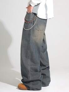 1 chiếc quần jeans ống rộng dáng suông, đa năng, phong cách vintage, hiệu Justice Brother dành cho cặp đôi. - Rửa tối - Xem 5