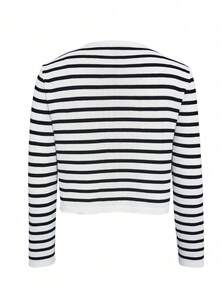 Women's Elegant Striped Crew Neck Knit Cardigan, Versatile Fashion Casual Sweater, Retro Jacket For Commuting, Autumn - Black and White - View 11
