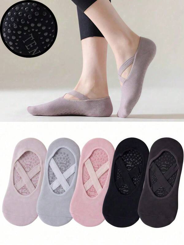 5 Pairs Of Women's Yoga Socks, Silicone Anti-Slip Dance Sports Socks, Indoor Pilates Floor Fitness Socks