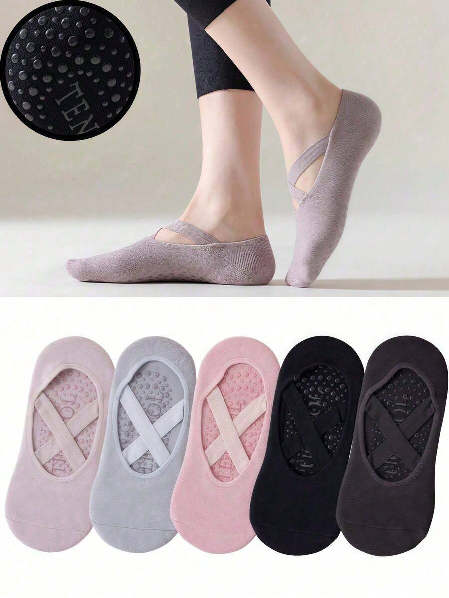 5 Pairs Of Women's Yoga Socks, Silicone Anti-Slip Dance Sports Socks, Indoor Pilates Floor Fitness Socks