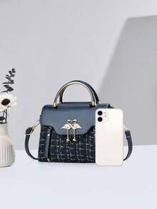 1 pieza Bolso de mano cuadrado mini de unicolor para mujer, bolso de hombro de moda con asa superior, mini cartera de hombro con decoración de hebilla - Azul Marino - Ver 3