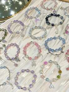 5/24pcs Girls Glass Bead Bracelet Set - Pastel & Multicolor Butterfly & Flower Charm Jewelry, Adjustable Elastic Cord With Heart/Star Charms, Random Surprise Blingbling Bracelets For Valentine's Day Gifts, Birthday Party Favors For Girls, For Teenager,  Bracelets For Women High Quality, Bracelets For Women - 彩色 - 查看 2