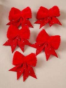 5pcs/Set Girls Rhinestone Fabric Plush Bow Hair Clips, Plush French Barrettes For Toddlers, Bangs & Side Hair, Cute & Versatile For Daily Use