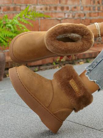 女士冬季新款时尚百搭厚底雪地靴，套脚踝靴，学生保暖靴，舒适面包靴，毛绒靴